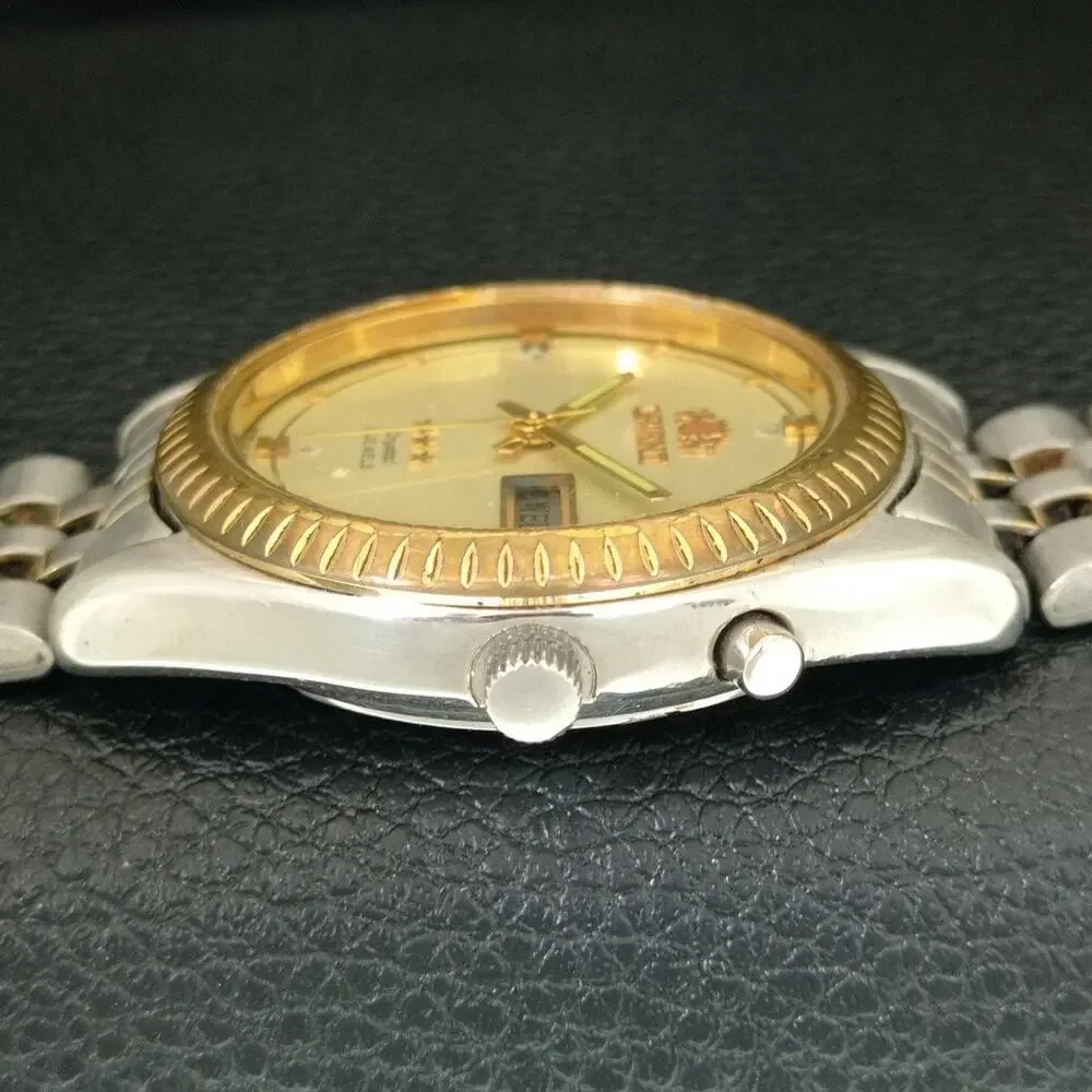 Vintage 1989 Orient Automatic Mens Silver Watch W/daydate & Gold accents